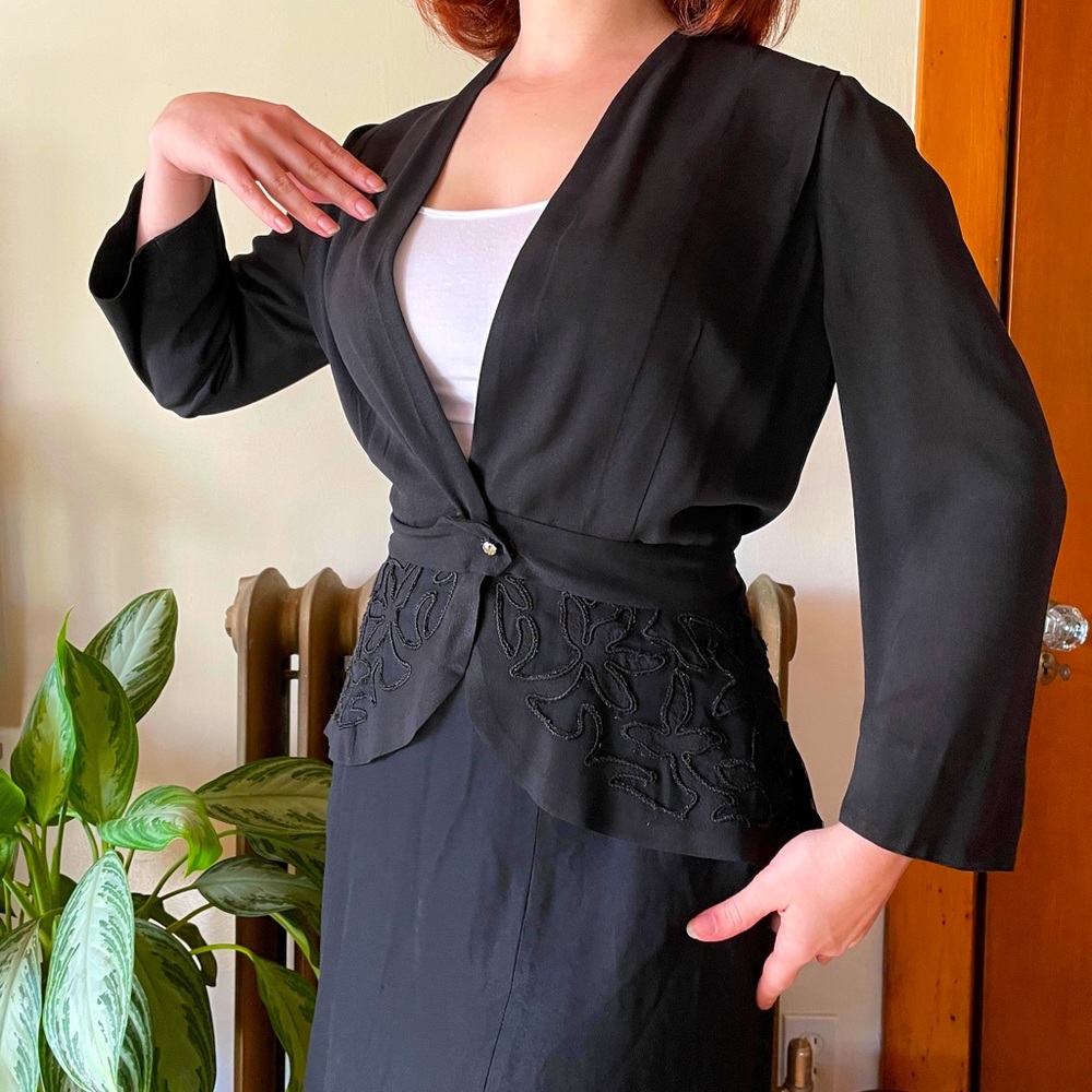 Vintage 1940s black rayon peplum jacket blazer with intricate sheer cutout